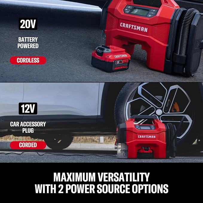 CRAFTSMAN 3-in-1 Tire Inflator Portable Air Compressor 160 PSI with Battery | Cordless pump/Car Vacuum/Dust Blower with 4.0Ah Battery & 12V Charger & LED Light for Car, Bike, Ball, Inflatable Mat & SUP