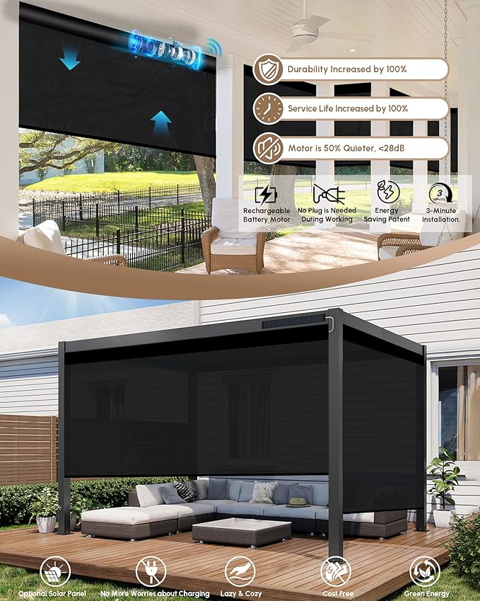 Kincmo Motorized Outdoor Shades for Patio Porch, Custom Outdoor Motorized Blinds with Remote, Waterproof & Windproof Patio Shades Work with Apple Homekit,Alexa,Google (1% Openness Black)