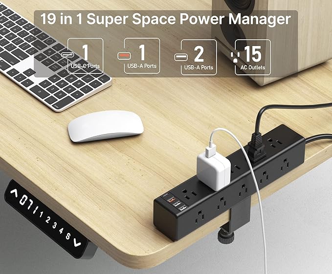 CCCEI Standing Desk Clamp Power Strip with 15 Outlets, Widely Spaced Desktop Edge Mount Surge Protector Outlet, Fast Charging USB-A and USB-C Ports, 4 FT Flat Plug, Black Fit 1.6 inch Table top.