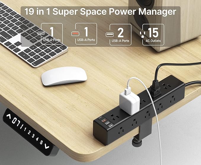 CCCEI Standing Desk Clamp Power Strip with 15 Outlets, Black Desktop Edge Mount Surge Protector Outlet, Fast Charging USB-A and 45W USB-C Ports, 6 FT Flat Plug, Black Fit 1.6 inch Table top.