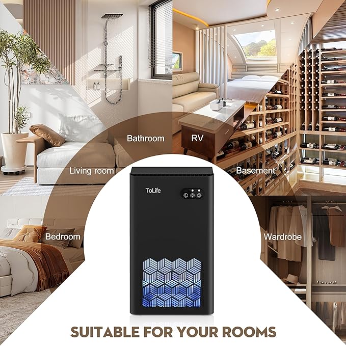 ToLife Dehumidifier for Home, 1000 sq.ft Dehumidifiers for Basement Bathroom Bedroom with 95 OZ Water Tank, Auto Shut Off 7 Colors LED Light, Black