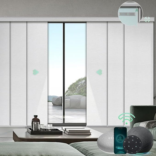 Yoolax Custom XL Smart Sliding Door Blinds, Motorized Sliding Panel Blinds Compatible with Alexa, Fabric Blackout Vertical Rechargeable Battery Shades for Glass Doors(Jacquard White)