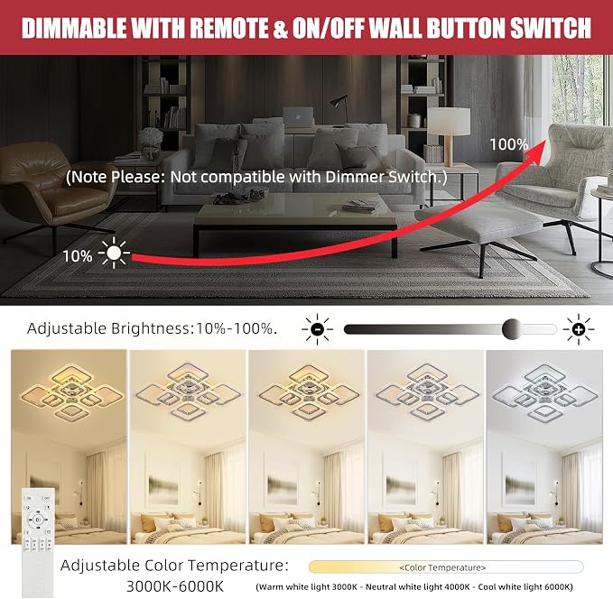 Modern Bedroom & Kitchen Ceiling Light, 80W Dimmable LED, 8 Squares, 3000-6000K, Chrome