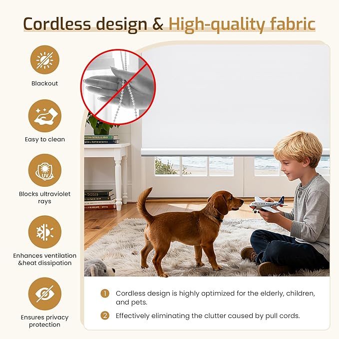 Grandekor No Drill Motorized Blinds with Remote 100% Blackout, Automatic Smart Roller Shade Cordless,White 24x72 Compatible with Alexa, Type-C Charging