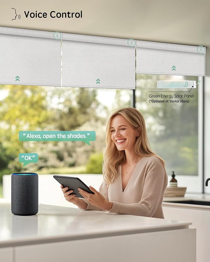 Yoolax Motorized Blinds with Remote, 100% Blackout Smart Blinds Work with Alexa, Google, Apple Homekit, Motorized Shades for Bedroom, Custom Electric Shades Voice Control (Fabric Grayish White)