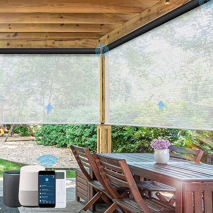 Motorized Outdoor Roller Shades,Patio Roll Up Blind Work with Alexa,Google Home,Apple Homekit,Remote Control Sun Shade,Waterproof &Windproof Smart Blinds for Porch,Sirus Grey, 5% Openness
