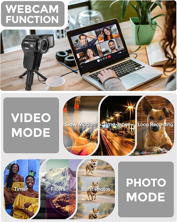 8K Video Camera 75MP Camcorder with WiFi Dual Lens Vlogging Camera for YouTube Rotation Screen Video Recorder with Microphone, Fill Light, Remote Control, mini Tripod, 2 Batteries, Charger