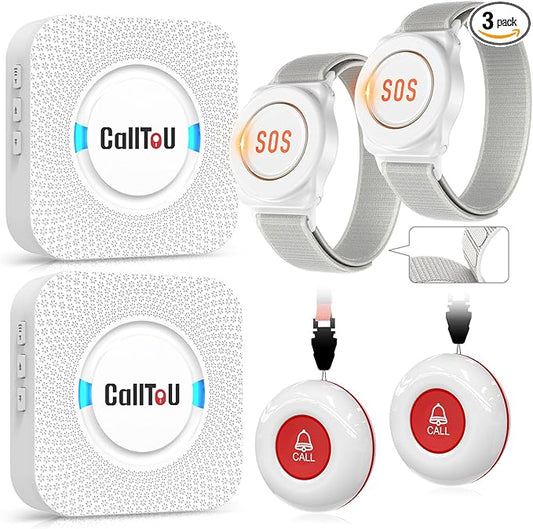 CallToU Caregiver Pager Wireless Call Button Nurse Alert System 500+ Feet for Home/Elderly/Patient/Disabled 06WS (2 Receiver 2 Round Button 2 Watch Button(6 Piece))