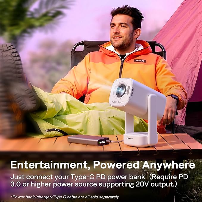 Aurzen Roku TV D1R air USB-C Powered Smart Portable Outdoor Projector White | Roku TV Built-in, WiFi & Bluetooth, Power Bank Supported, Native 1080P, DoIby Audio, Mini Projector for Home & Outdoor Movies