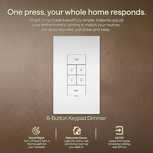 Insteon 6-Button Dimmer Keypad, in-Wall Smart Scene Controller - 2334-232 | Controls Up to 5 Devices, 150W LED, Dual-Band Smart Switch, Neutral Wire Required, Hub Required for Alexa & Google Assistant