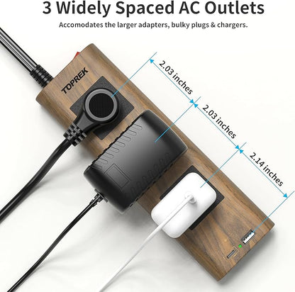 TOPREK Power Strip Surge Protector (1800J), 10 FT Flat Extension Cord with Ultra Thin Flat Plug, 3 Widely-Spaced Outlets with 1 USB-C & 1 USB-A, Wood Finish USB Charging Station for Home, Office, Dorm