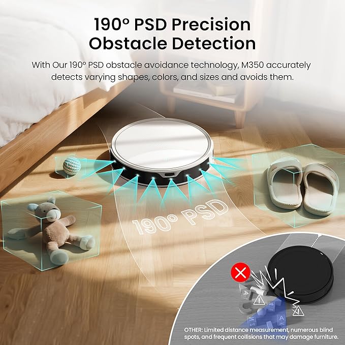 Lefant M350 Robot Vacuum and Mop Combo, 75-Day Self-Emptying, 190° PSD Obstacle Avoidance,6000Pa Suction，Quiet,Smart Navigation,Self-Charging, for Hard Floor, Carpet, Pet Hair,150 Min Runtime.White