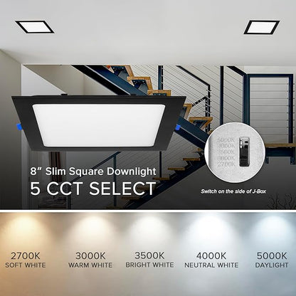 Maxxima 8 in. 5 CCT Square Recessed LED Downlight, 1400 Lumens, Slim Flat Panel Color Selectable (2700K/3000K/3500K/4000K/5000K), Dimmable, Canless IC Rated, Black Trim, J-Box Included