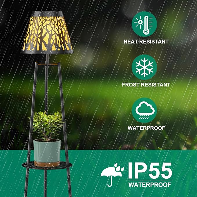 MXwcy 2-Tier Solar Plant Stand with Light, Outdoor Waterproof Floor Lamp with Tree Branch Cutout Lampshade, Tall Metal Planter Holder Display Rack for Patio, Porch, Garden, Balcony Decor (2 Pack)