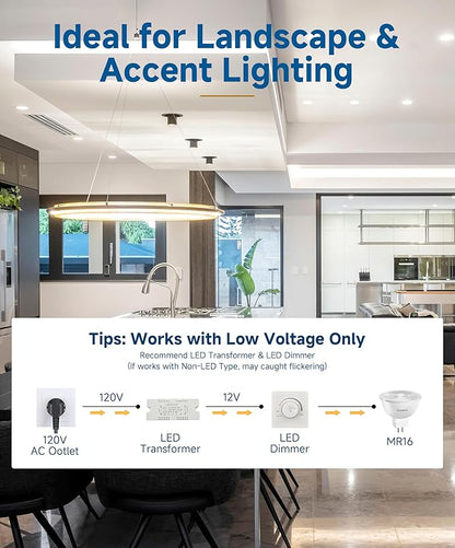 MR16 LED Bulbs Dimmable, 50W Halogen Replacement, 5000K Bright Daylight White, GU5.3 Bipin Base, 5W 12V Low Voltage Landscape Recessed Lighting Bulbs,6-Pack