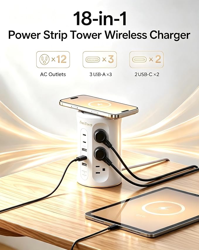Power Strip Tower with USB Ports, 6.5 FT Extension Cord with Multiple Outlets (12AC+3A+2C) for Home Office Desk College Dorm Room Supplies