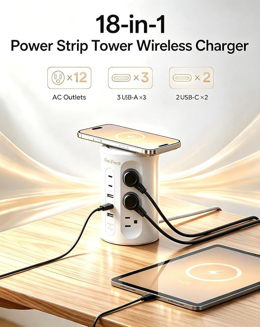Power Strip Tower with USB Ports, 6.5 FT Extension Cord with Multiple Outlets (12AC+3A+2C) for Home Office Desk College Dorm Room Supplies