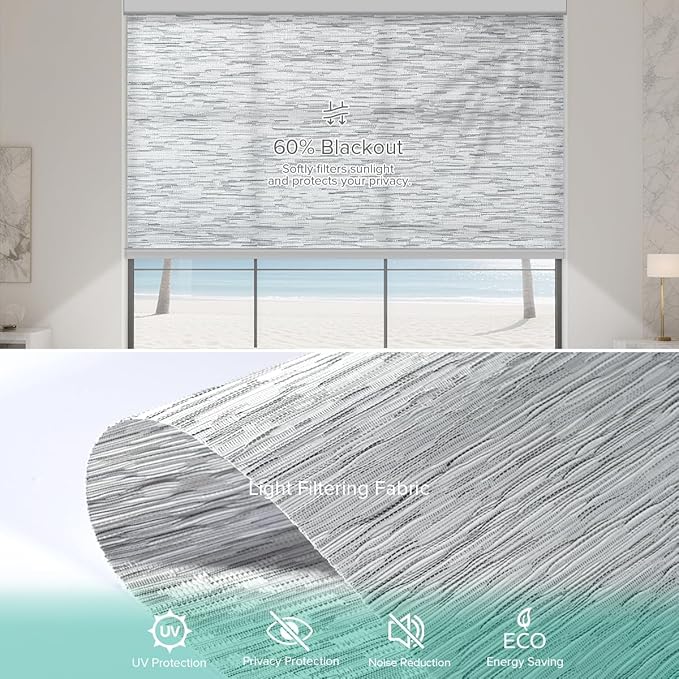 Motorized Roller Shades, Light Filtering Remote Control Custom Window Shades Compatible with Alexa Google Assistant via RF Hub, Rechargeable Electric Blinds for Windows (Texture Grey)