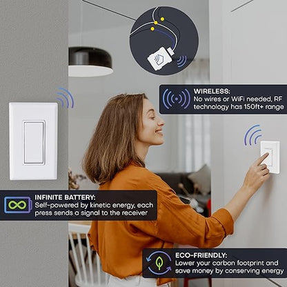 RunLessWire 3-Way Battery-Free DIY Wireless Light Switch Kit 150ft RF Range Self-Powered by Kinetic Energy for Hallways & Stairways: 2 Remote Switches Control 1 5A On/Off Receiver Brown
