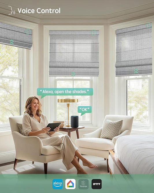 Yoolax Motorized Roman Shades with Remote, Smart Roman Shades for Indoor Windows, Light Filtering Automatic Blinds Work with Alexa, Google, Apple Homekit for Living Room, Customized (Strip Light Grey)