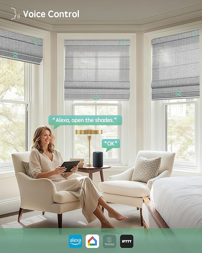 Yoolax Motorized Roman Shades with Remote, Smart Roman Shades for Indoor Windows, Light Filtering Automatic Blinds Work with Alexa, Google, Apple Homekit for Living Room, Customized (Strip Brown)