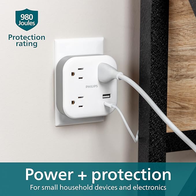Philips EZFit 3-Outlet Surge Outlet Extender with USB, 1 USB-A, 1 USB-C