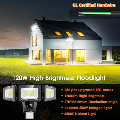 120W LED Flood Lights Outdoor with Motion Sensor, 12000LM 4500K Daylight, IP66 Waterproof Dusk to Dawn Outdoor Security Lights for Garage, Yard, Outside