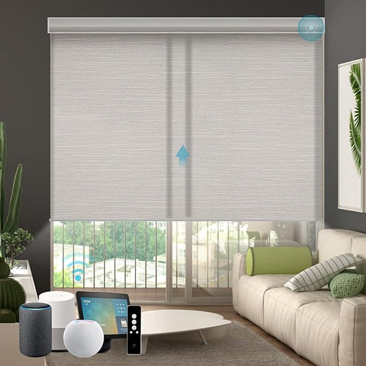 SmartWings Motorized Blind Light Filtering Shade Work with Z-Wave Alexa Thread Homekit, 70% Blackout Smart Window Blinds Translucent, Cordless with Remote Control, Max 110"W x 148"H, Essential Cream