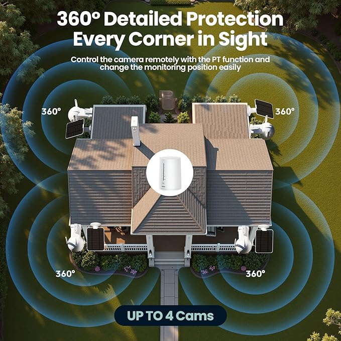 Solar Security Camera Wireless Outdoor, 4 Cam-Kit, Solar-Powered, 2K Home Security System, 360 Pan & Tilt, Color Night Vision, Motion Detection, 64GB Memory Card, No Monthly Fee
