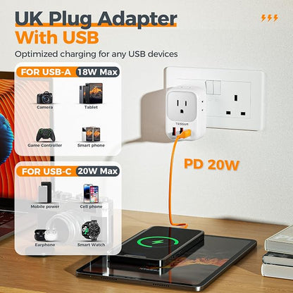 TESSAN UK Adapters for Travel, US to UK Ireland Plug Adapter 20W, Foldable