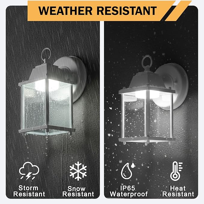 LIT-PaTH Outdoor LED Wall Lantern, Wall Sconce as Porch Light, 9.5W 800 Lumen, Aluminum Housing Plus Glass, 5000k-Matte White Finish, 2-Pack