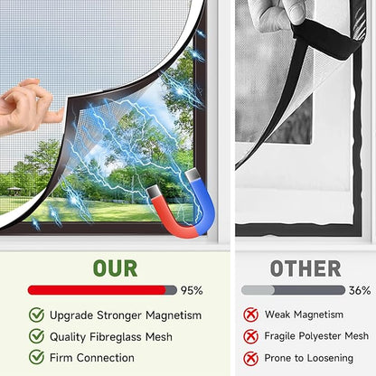 HOFUDON Window Screen Adjustable Magnetic Window Screen Replacement Max 43” x 71”, DIY Fiberglass Mesh Window Screens for House Windows White Frame Grey Mesh
