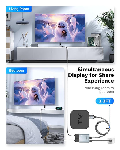 Warrky HDMI Splitter 4K, Display Mirror Same Screen Only (Not Extend Screen), HDMI Splitter 1 in 2 Out [USB-C Powered, Metal Shell, 3.3 Ft Braided Cable], 1x2 for Dual Monitors, Grey-4K UHD