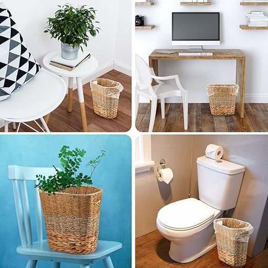 Ziliny 2 Pcs Wicker Trash Can with 50 Small Trash Bag Wicker Waste Woven Basket with Handles Clear Multi Use Garbage Bags for Bathroom Kitchen Bedroom(Various Materials,Classic Style)
