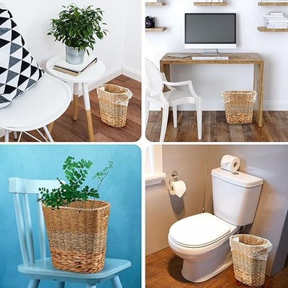 Ziliny 2 Pcs Wicker Trash Can with 50 Small Trash Bag Wicker Waste Woven Basket with Handles Clear Multi Use Garbage Bags for Bathroom Kitchen Bedroom(Various Materials,Classic Style)