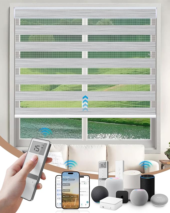 Kincmo Motorized Blinds with Remote, Motorized Zebra Shades Work with Apple Homekit,Alexa,Google Home, Customized Electric Blinds with Remote,App,Voice Control (90% Blackout Flow Grey)