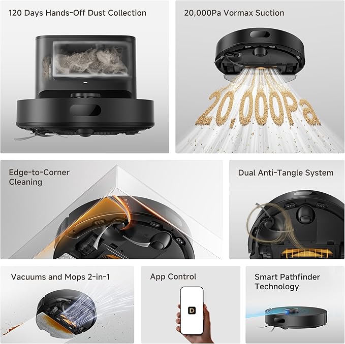 DREAME D20 Air Plus Robot Vaccum and Mop Combo with 20,000Pa Suction, Anti-Tangling Tech, Auto-Emptying Dock, Deep Carpet Cleaning and Smart Navigation Black