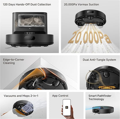 DREAME D20 Air Plus Robot Vaccum and Mop Combo with 20,000Pa Suction, Anti-Tangling Tech, Auto-Emptying Dock, Deep Carpet Cleaning and Smart Navigation Black