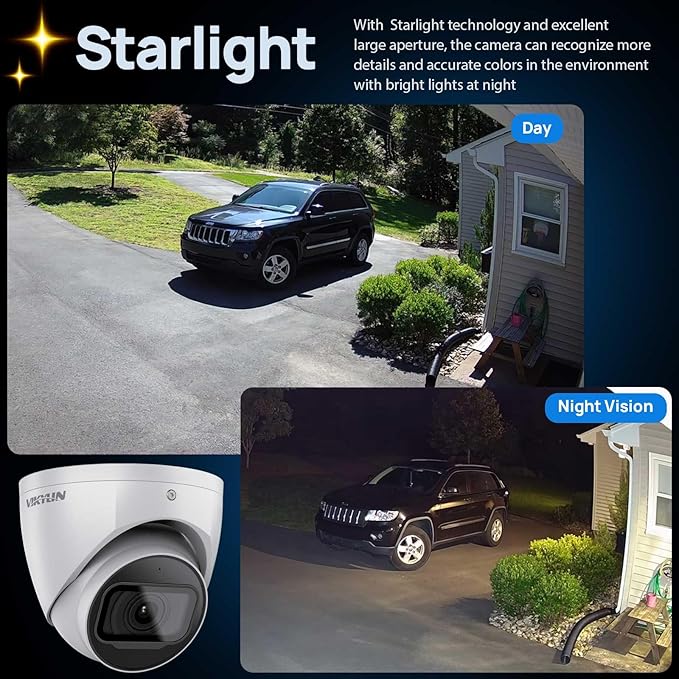 VIKYLIN 4MP PoE IP Camera,DMSS/SmartPss Lite,Starlight 0.006Lux@F1.6 Dome/Turret Security Camera with IVS,2.8mm Lens 164ft IR Night Vision, Built-in Mic, AI Human Vehicle Detection, IP67