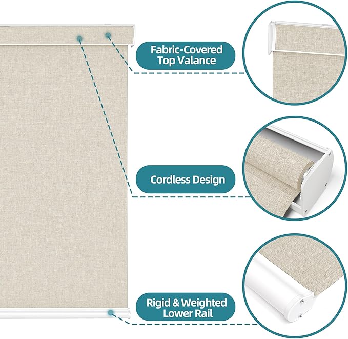 Changshade Custom Size Cordless Roller Shades with Valance, Blackout Roller Shades for Windows Roll-up Fabric Blinds with Thermal Insulated for French Door, Easy Installation Yellowish Beige