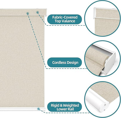 Changshade Custom Size Cordless Roller Shades with Valance, Blackout Roller Shades for Windows Roll-up Fabric Blinds with Thermal Insulated for French Door, Easy Installation Yellowish Beige