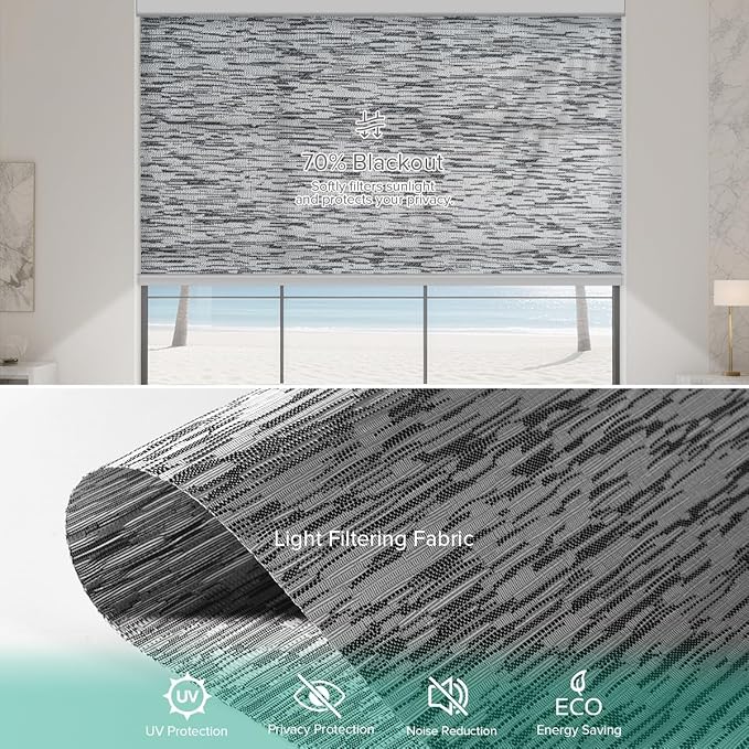 Motorized Roller Shades, Light Filtering Remote Control Custom Window Shades Compatible with Alexa Google Assistant via RF Hub, Rechargeable Electric Blinds for Windows (Texture Black Grey)