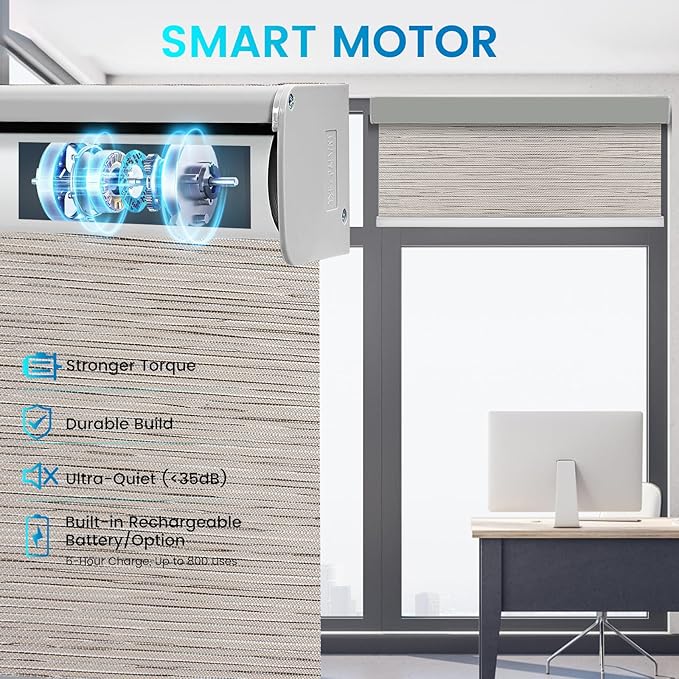 Motorized 100% Blackout Roller Shades – Smart Blinds with Remote Control, Rechargeable Battery or Plug-in Motor, Tuya WiFi Optional, Home & Office Automatic Window Shades (Warm Khaki/CH9428)