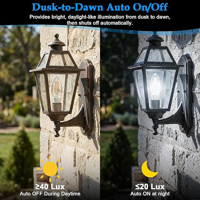E12 Dusk to Dawn Light Bulbs, C35 B11 5W 60W Equivalent 500LM 5000K Daylight Photocell Sensor Filament Candelabra Bulbs, Auto ON/Off Edison Bulbs for Outdoor Garage, Porch, 6 Pack