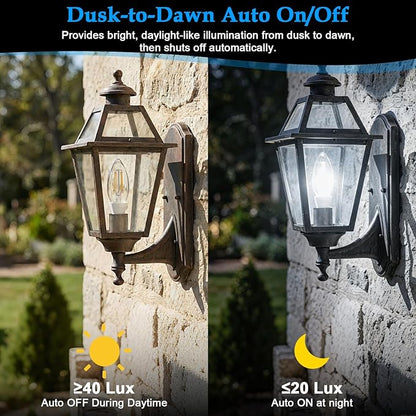 E12 Dusk to Dawn Light Bulbs, C35 B11 5W 60W Equivalent 500LM 5000K Daylight Photocell Sensor Filament Candelabra Bulbs, Auto ON/Off Edison Bulbs for Outdoor Garage, Porch, 6 Pack