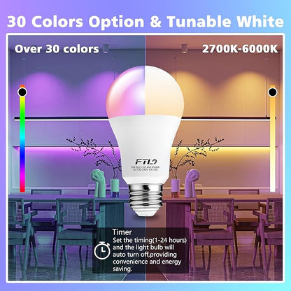 FTL Color Changing Light Bulb with Remote Control, A19 E26 Dimmable RGB LED Colored Light Bulbs 8W 60W Equivalent, 30 Colors, 2700K-6000K, Timer, Multi Color Recessed Light Bulbs for Bedroom, 4-Pack