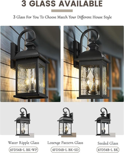 FEMILA 26" Outdoor Wall Light, Large Exterior Wall Lantern with Water Ripple Glass, 3-Light Outdoor Wall Light Fixtures for Entryway, Patio, Garage, Doorway, E12 Base, 4FD54B-L BK