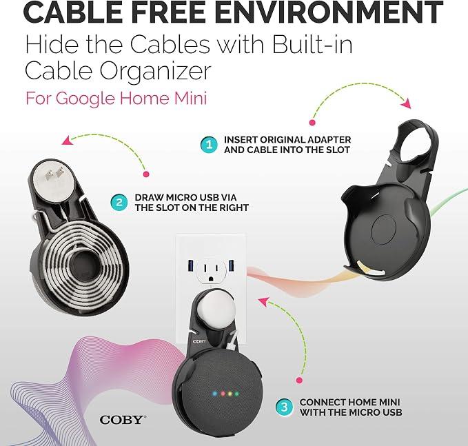Coby Wall-Outlet Mount Smart Speaker Holder with Cord Holder & Cable Management, Wall Shelf for Google Nest Mini 2nd Gen & Google Home Mini 1st Gen, No Screw Plug Bracket, Black