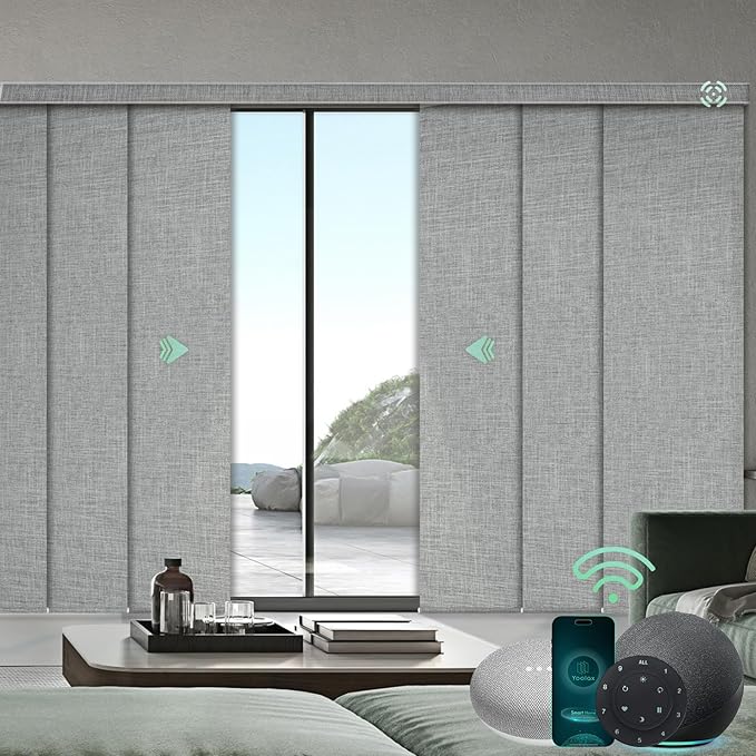 Yoolax Custom XL Smart Sliding Door Blinds, Motorized Sliding Panel Blinds Compatible with Alexa, Fabric Blackout Vertical Rechargeable Battery Shades for Glass Doors(Fabric-Smoky Grey)