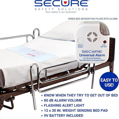 Secure Safety Solutions Chair and Bed Alarm for Elderly Fall Prevention - 80 dB Monitor, 12x12 and 12x30 Sensor Pads - Caregiver Alert System for Seniors, Dementia Patient Monitoring, Home Care Safety